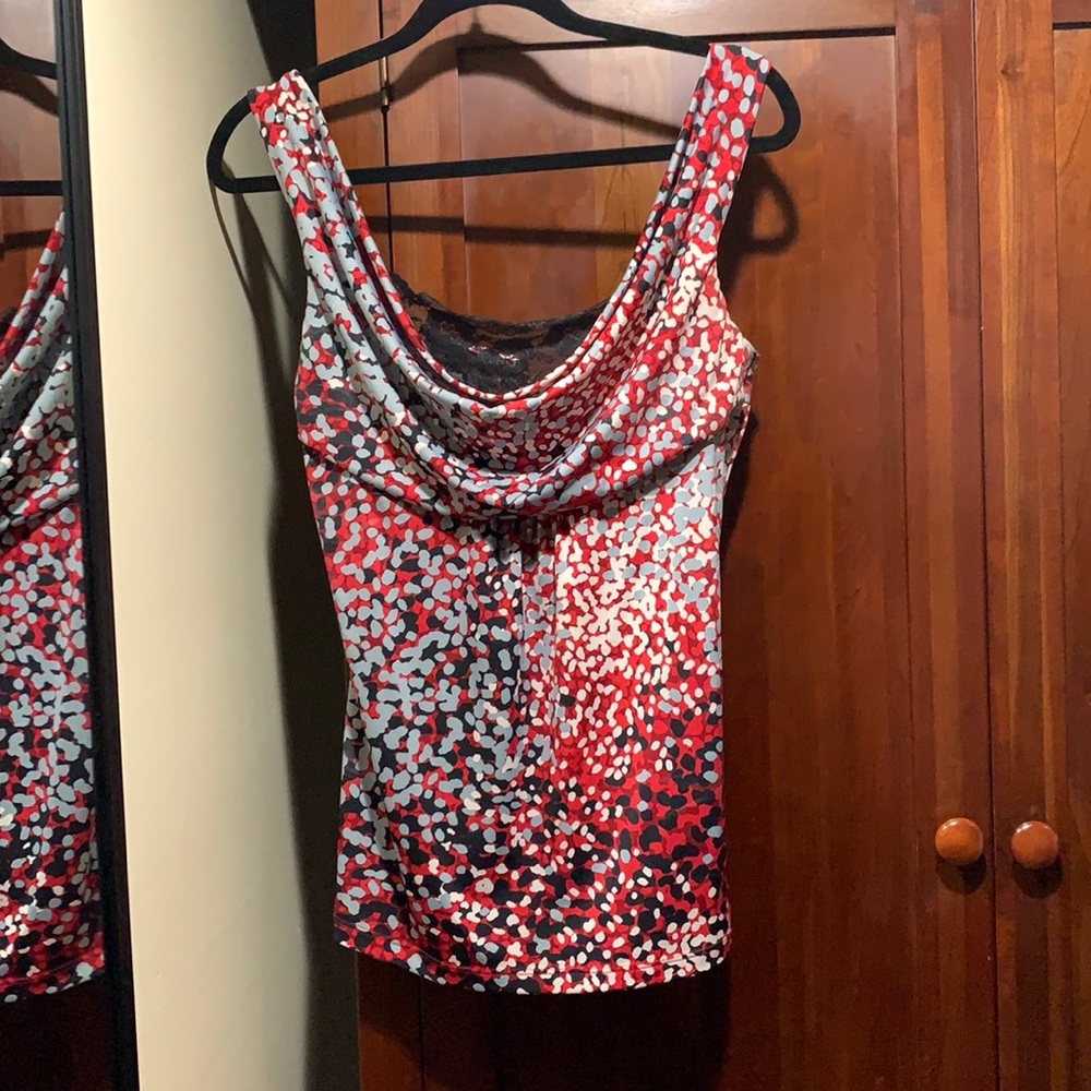 Black, white, gray and red dressy cowl neck tank